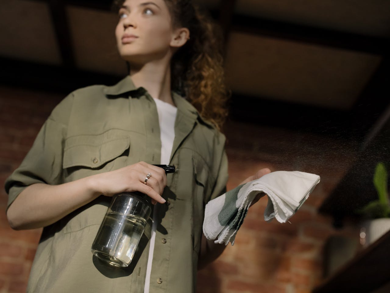 home-hero-bg A woman with curly hair holds a cleaning spray and cloth in a cozy home setting.